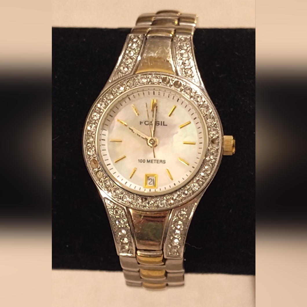 Fossil Silver And Gold Watch With Crystal Accents
